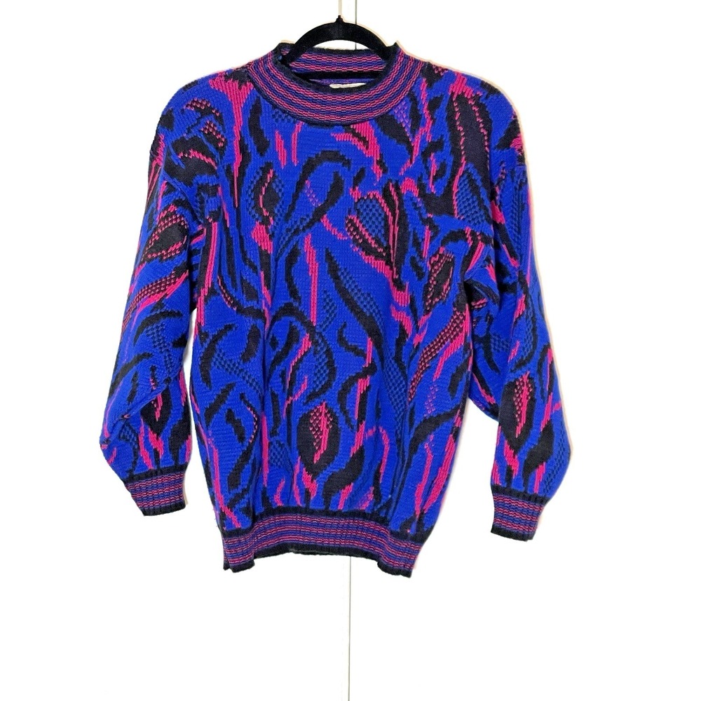 Vintage New Wave 80's 90's Bright‎ Indie Blue and Pink Chantal Sweater M/L